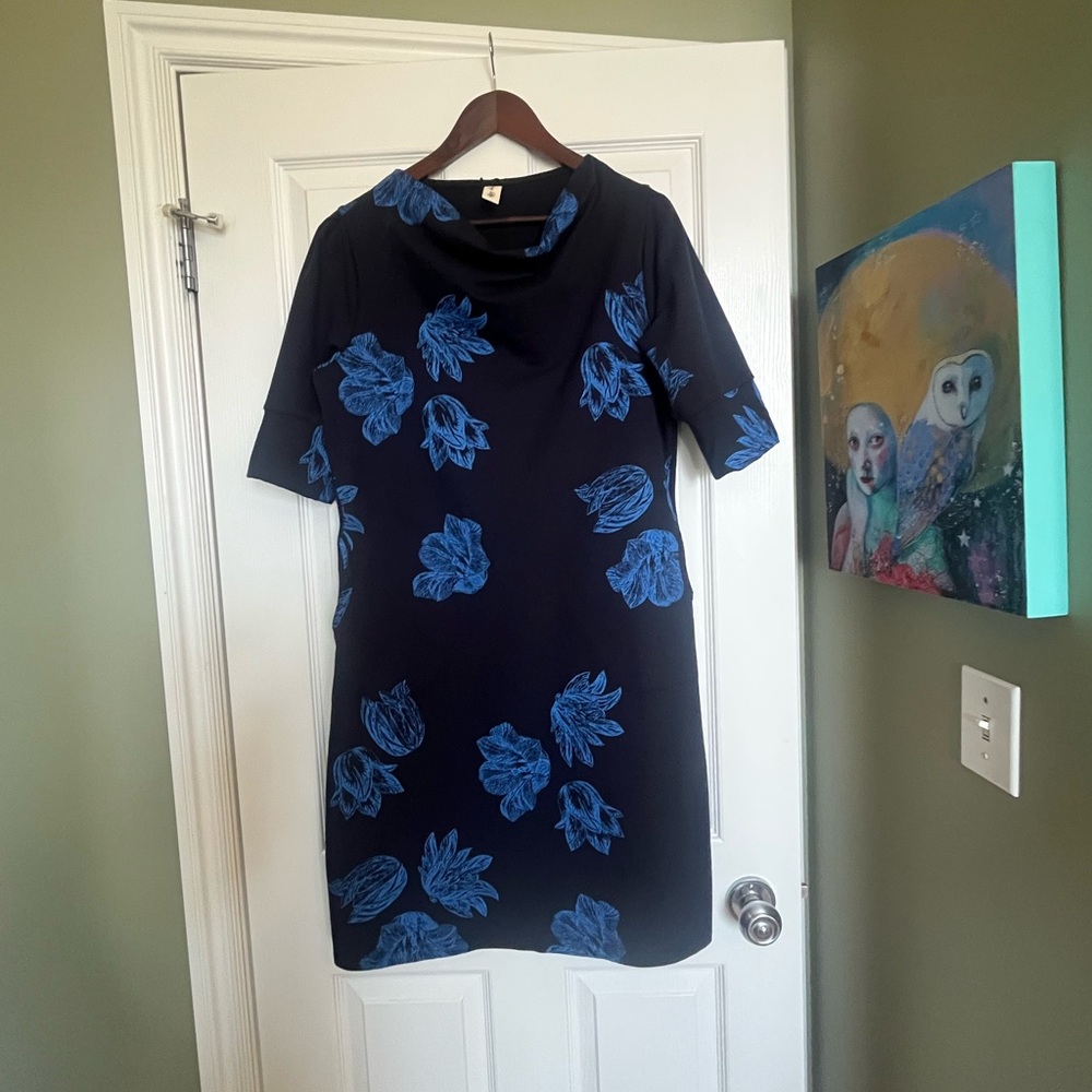 Navy Blue Smoking Lily Point Grey Dress NWT